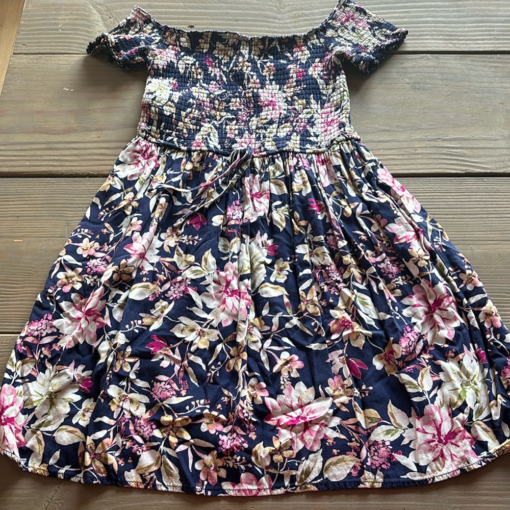 Xhilaration Navy Floral Off-Shoulder Dress with Pink & Cream Flowers
